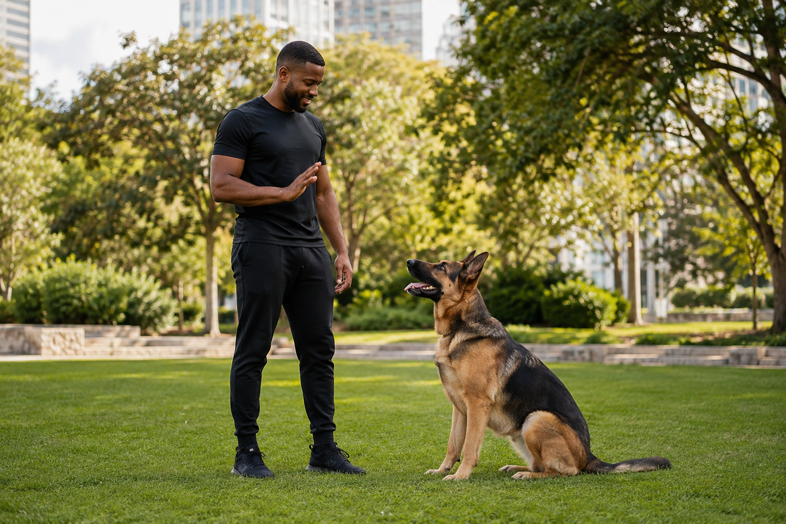 A trainer calmly working with a German Shepherd outdoors
